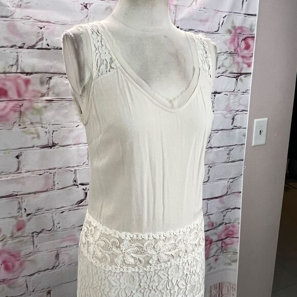 Ark & Co Women's Lace Fringe Cream Chiffon Sleeveless Mini Shift Dress Size S - Picture 5 of 14